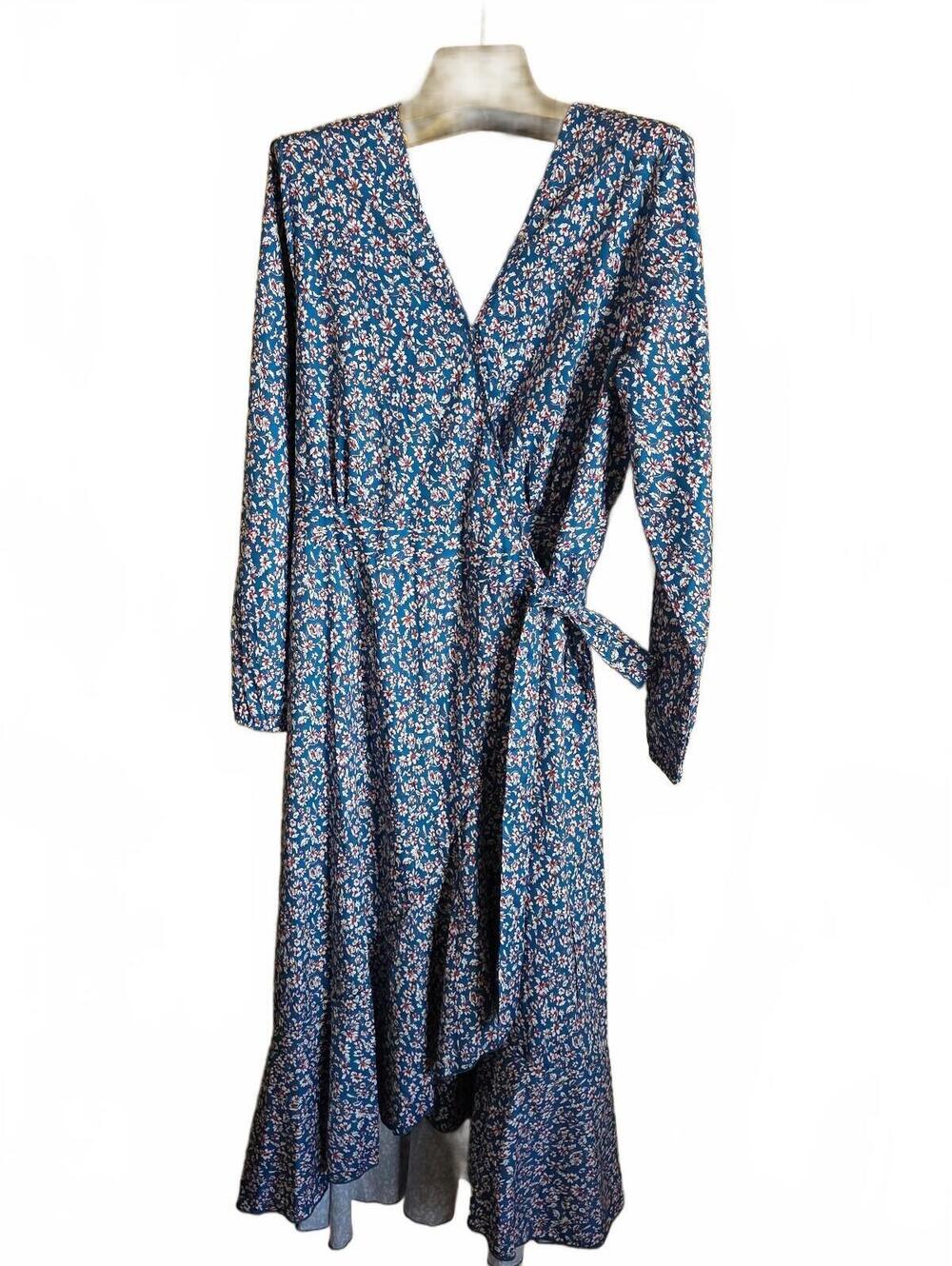 Blue Floral Long Sleeve Maxi Wrap Dress with Tie Waist Size XL